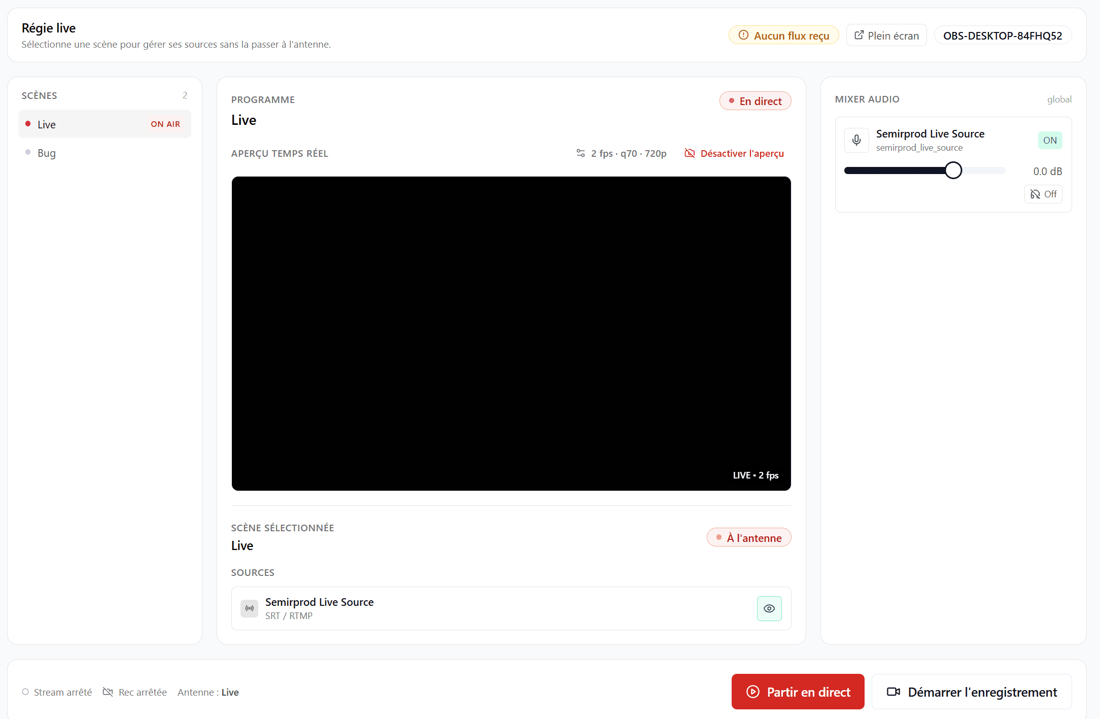Semirprod live dashboard with preview, scenes and controls
