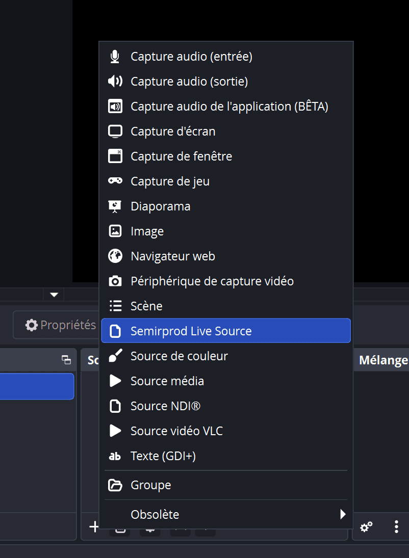 OBS add-source menu with Semirprod Live Source selected