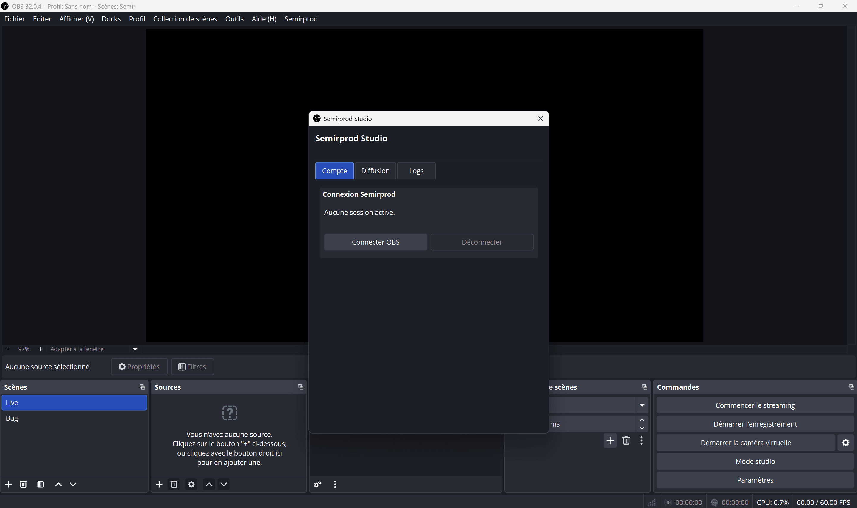 Semirprod Studio window in OBS, not connected