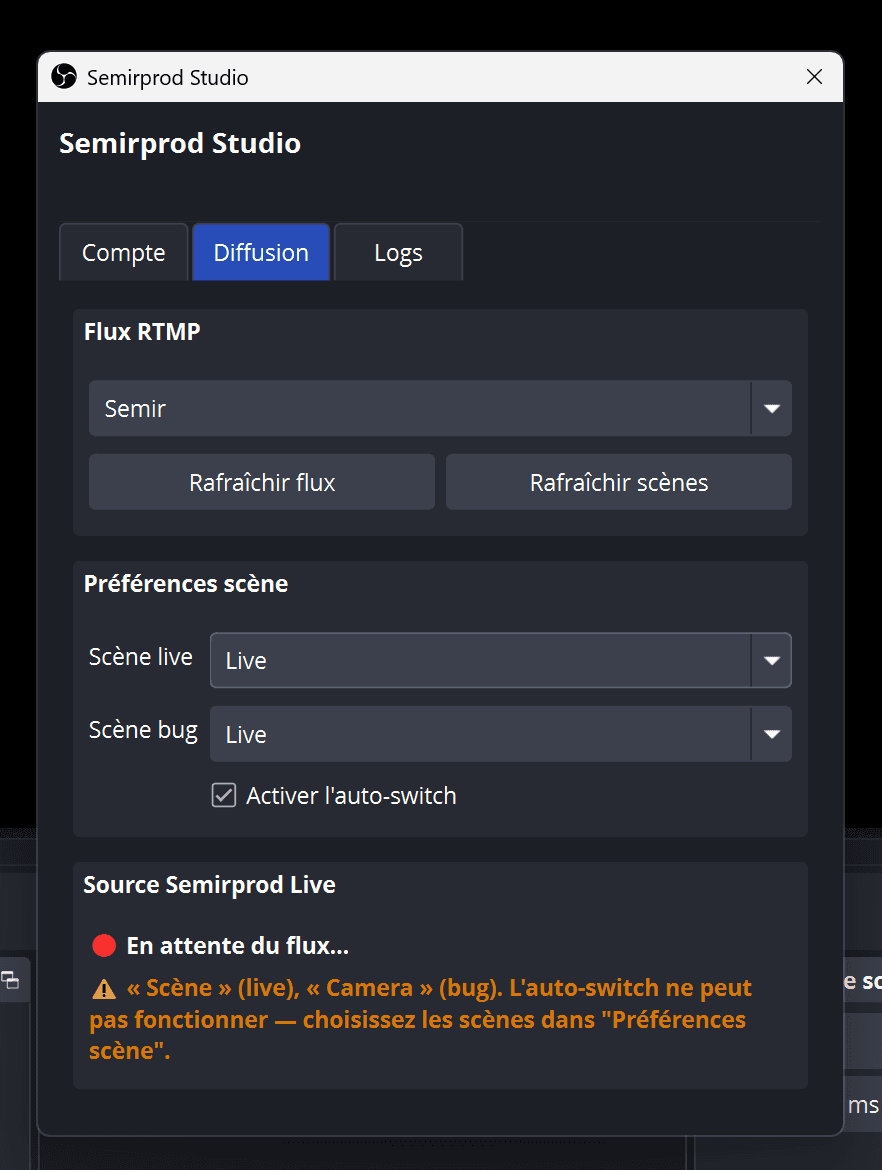 Broadcast tab of the Semirprod Studio dock