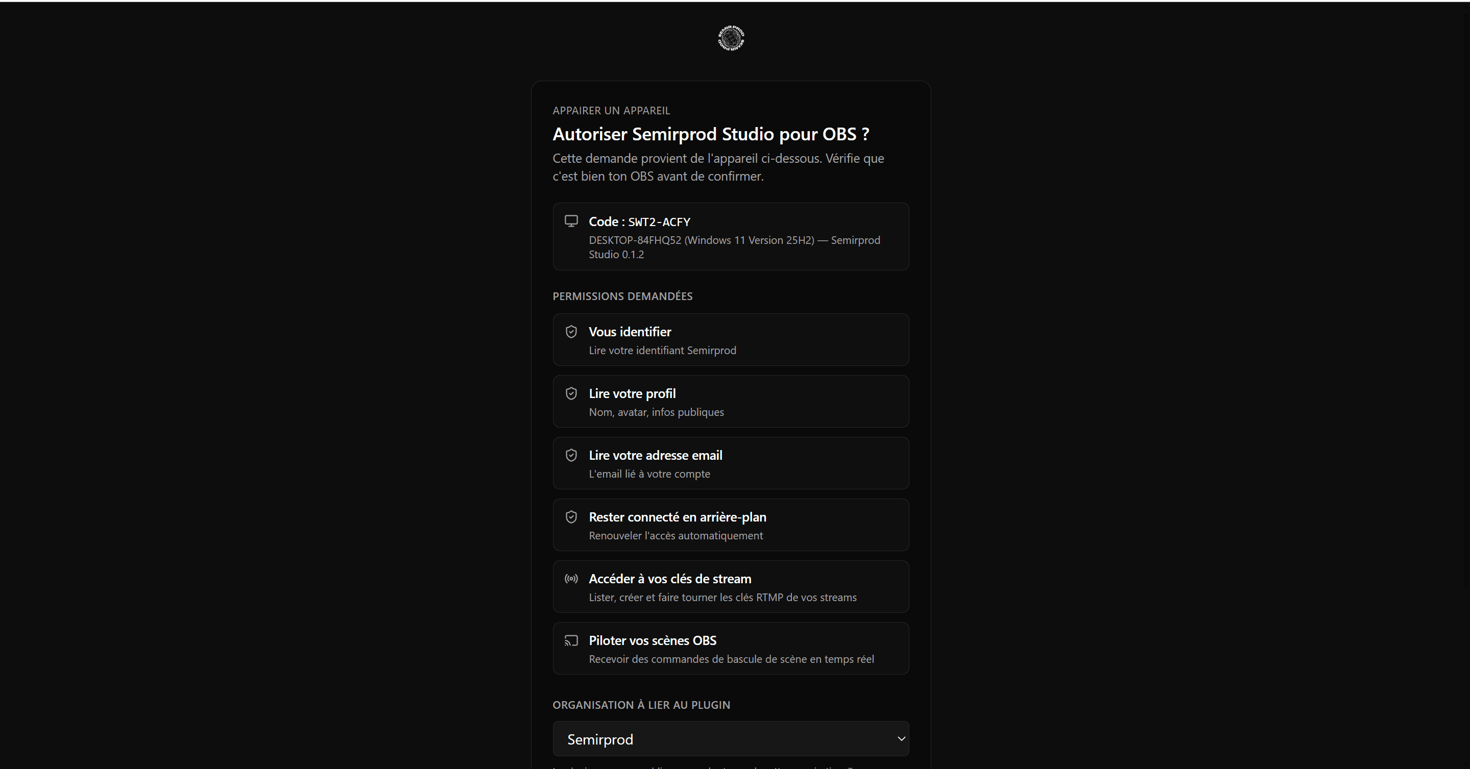 Semirprod Studio authorization page for OBS